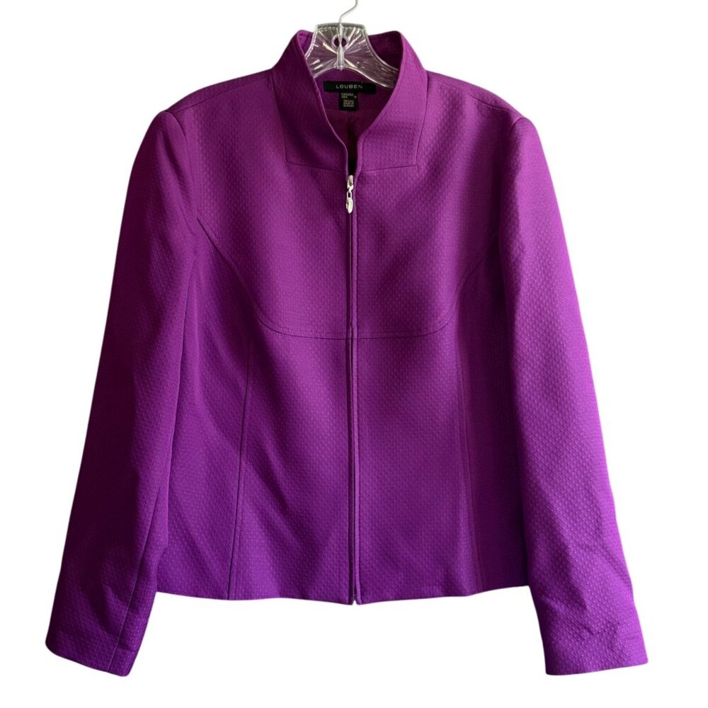 Louben Mock Neck Full Zip Jacket Women's 12 Purple Long Sleeve Modern Chic